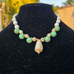 Vintage Mid-Century 1950's Shell Pendant Necklace with Green and Cream Beads